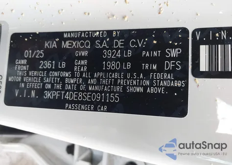 2025 Kia K4 Lx/Lxs z USA, uszkodzony, nr VIN 3KPFT4DE8SE091155